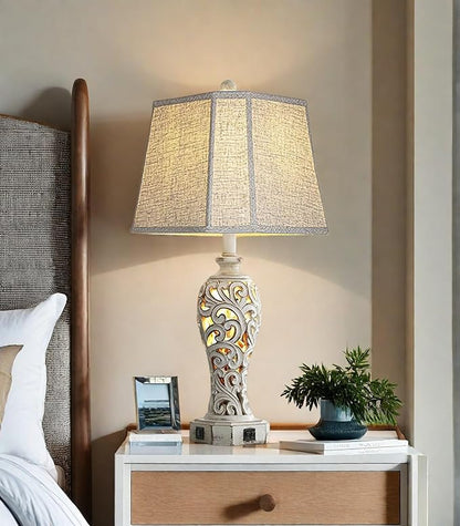 25'' Farmhouse Table Lamp for Living Room Bedroom, 2 USB Ports Vintage Rustic Nightstand Desk Lamp with Nightlight, White Hollow Out Resin Lamp for End Table (Bulb Included)