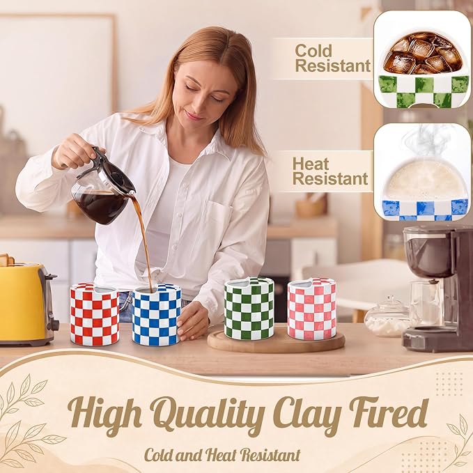 6 Pack Checkered Ceramic Coffee Mug with Sip Hole 10 oz Espresso Cup with Straws Retro Hand Painted Checkered Porcelain Coffee Tea Cup Cappuccino Latte Mug for Kitchen Dining Travel
