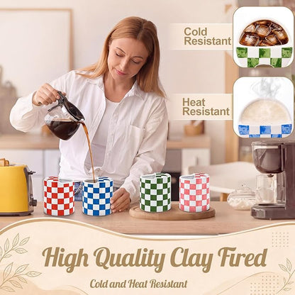 6 Pack Checkered Ceramic Coffee Mug with Sip Hole 10 oz Espresso Cup with Straws Retro Hand Painted Checkered Porcelain Coffee Tea Cup Cappuccino Latte Mug for Kitchen Dining Travel