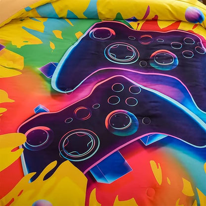 Aimuan Gamer Gaming Bedding Sets 3D Gamepad Comforter Sets for Boys Games Console Action Buttons Novelty Colorful Game Controller Modern Room Decor Home Quilt Set (Queen, Yellow)