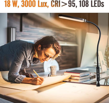 Clamp on Lamp, LED Desk Lamp, 18W, 3000 LMS, 3 Color Modes, 16 Brightness Levels, CRI>95, 0.5H/1H Timer, Eye-Caring Task Lamp with Remote for Reading, Home, Office (Adapter Included)