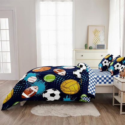 Kids Boys Comforter Set Full Bed in a Bag w/Sheet Sets, Blue Full Bedding Sets for Teens Soccer Basketball Baseball Football Sports Themed Bedroom Decor Reversible Design
