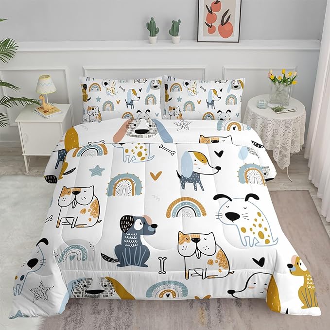 Datura home Kawaii Dogs Comforter Set Cute Dogs and Rainbow Printed Quilt Bedding Set with 1 Comforter and 2 Pillowcases for Boys and Girls Bedroom All Season(Dogs Twin)