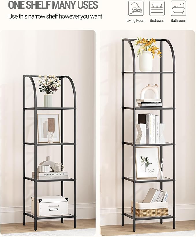 Bookcase Bookshelf, Tempered Glass Arched Bookshelf for More Storage, Slim Shelving Unit for Bedroom, Bathroom, Home Office, Steel Frame, 4 Tier Black BC20499B