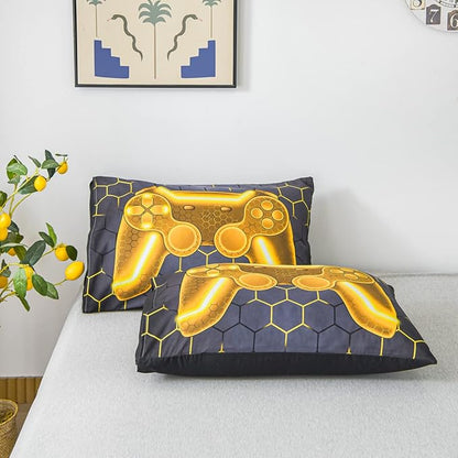 NTBED Gold Game Console Comforter Set Queen for Boys Girls Kids 3D Gaming Geometric Lightweight Microfiber Bedding Sets