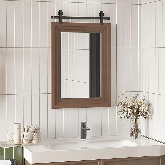ALBAD Farmhouse Wood Framed Wall Mirror, Natural Wood and Framed Wall Mounted Bathroom Vanity Mirror for Farmhouse Decor, Vertical or Horizontal Hanging