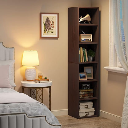 70.9 Inch Tall Narrow Bookcase, Corner Bookshelf 6 Tier Cube Display Shelf Storage Organizer for Small Space, Brown