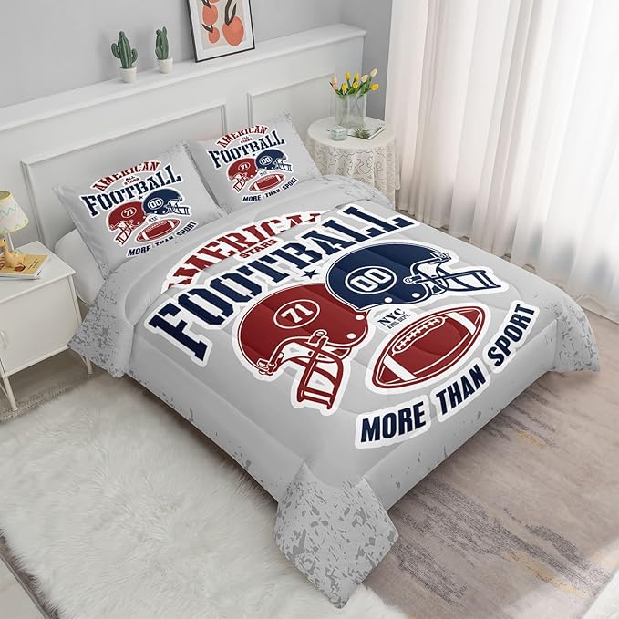 Datura home American Football Comforter Set Vintage Grey American Football Printed Quilt Bedding Set with 1 Comforter and 2 Pillowcases for Boys and Girls Bedroom All Season(Football Grey Full)