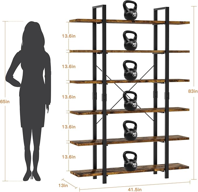 6 Tier Bookshelf, 83 inch Tall Bookcase Industrial Wooden Bookshelves Large Wall Etagere Rustic Vintage Book Shelf with Metal Frame Open Storage Rack for Living Room Home Office