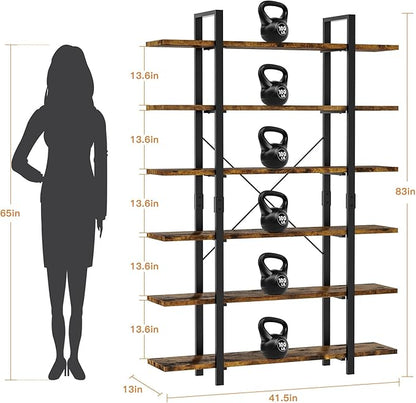 6 Tier Bookshelf, 83 inch Tall Bookcase Industrial Wooden Bookshelves Large Wall Etagere Rustic Vintage Book Shelf with Metal Frame Open Storage Rack for Living Room Home Office