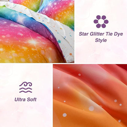 A Nice Night 6Pcs Gradient Glitter Bedding Set for Girls, Colorful Rainbow Galaxy Comforter Set, Ultra Soft Bedding Sets (Multi,Queen 6Pcs)