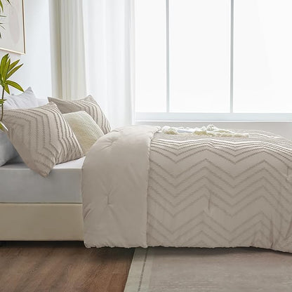 CozyLux King Size Comforter Set Beige - 3 Pieces Boho Tufted Shabby Chic Bedding Comforter Set for All Seasons, Chevron Bedding Sets with Comforter & 2 Pillow Shams
