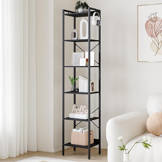 Bookshelf, Book Shelf, Industrial Bookcase with 2 Hooks, Coner Shelf Storage Organizer for Home Office, Living Room, Bedroom, Kitchen, 6-Tier Black BC10704B