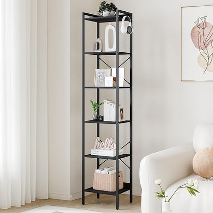 Bookshelf, Book Shelf, Industrial Bookcase with 2 Hooks, Coner Shelf Storage Organizer for Home Office, Living Room, Bedroom, Kitchen, 6-Tier Black BC10704B