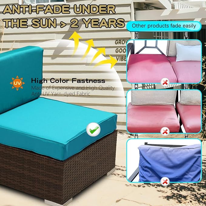 ClawsCover 11Pack Outdoor Seat and Back Cushions Replacement Covers Fit for 5-Seater 6Pieces Wicker Rattan Patio Furniture Conversation Set Sectional Couch Chairs,Turquoise-Included Cover Only