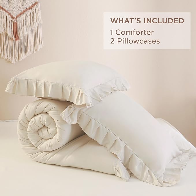 Andency Beige Comforter Set Full Size, 3 Pieces Solid Ruffle Vintage Rustic Soft Bedding Comforter Sets, All Season Lightweight Fluffy Soft Microfiber Bedding Set (79x90 Comforter & 2 Pillowcases)