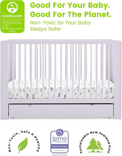 Delta Children Cassie 4-in-1 Convertible Crib with Underdrawer, Lilac + Simmons Kids Silver Nights Dual Sided 2-Stage Baby Crib Mattress (Bundle)