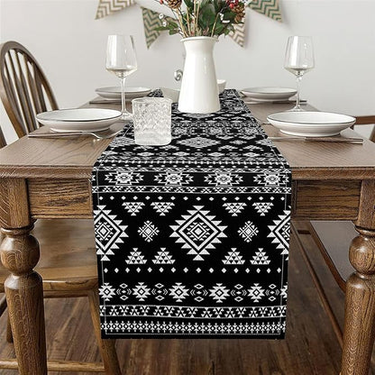 Feelyou Khaki Southwestern Aztec Table Runner Western Bohemian Kitchen Dining Decoration for Home Party 13x108 Inch Geometric Vintage Home Decor for Living Room Boho Tribal Black and White