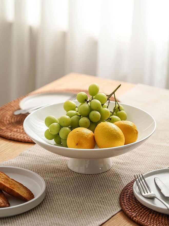 Kanwone Large Fruit Bowl for Kitchen Counter - Decorative Bowls for Home Décor - Ceramic Fruit Bowl, Pedestal Bowl - Modern Key Bowl for Entryway Table - 11.5 Inches, White