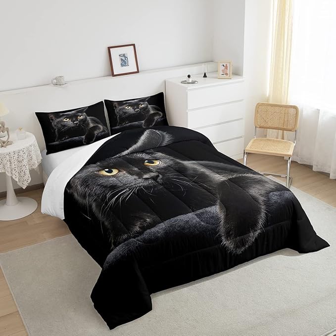 Cat Comforter Bedding Set King for Girls Kids,Black Cat Lying On The Black Sofa Pattern Printed Bedding Set,Black Comforter Set,Pet Animal Comforter Soft Breathable Quilt with 2 Pillowcases