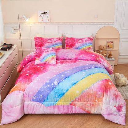 6 Pieces Rainbow Queen Size Bed in A Bag for Girls/Kids/Teens, Colorful Sparkle Tie Dye Girls Comforter Set, Soft Sparkle Glitter Galaxy Bed Sets for All Season