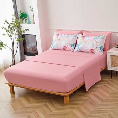 Queen Comforter Set for Girls, 7 Pieces Bed in a Bag, Colorful Unicorn Bedding Comforter Sheet Set, Ultra Soft and Fluffly, Pink & Rainbow Color, Colorful Bed in a Bag for Girls
