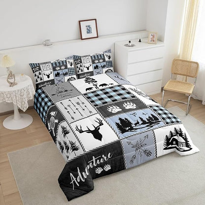 Deer Bear Kids Comforter Set King Size,Hunting Adventure Rustic Farmhouse Bedding Set for Boys Girls Adults Room Decor,Geometric Plaid Patchwork Down Comforter,Blue Xmas Duvet Insert,2 Pillowcases