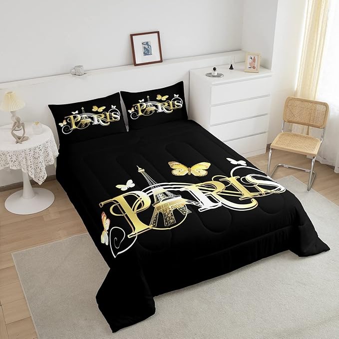 Eiffel Tower Comforter Chic Paris Theme Bedding Set for Kids Boys Girls Butterfly Paris Cityscape Printed Comforter Set Modern French Style Duvet Set Golden Black Bedroom Decor Quilt Set Queen Size
