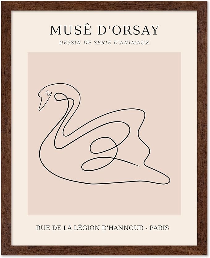 Poster Master Vintage Poster - Retro One Line Swan Drawing Print - Swan Art - Bird Art - Minimal Gift for Her, Animal Lover - Abstract Decor for Home, Office, Bedroom, 16x20 Brown Framed