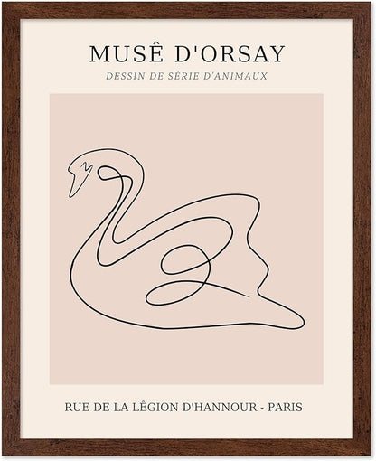 Poster Master Vintage Poster - Retro One Line Swan Drawing Print - Swan Art - Bird Art - Minimal Gift for Her, Animal Lover - Abstract Decor for Home, Office, Bedroom, 8x10 Brown Framed