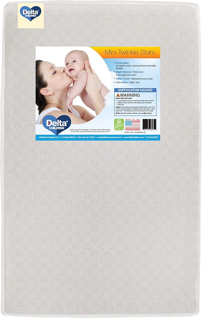 Delta Children Emery Mini Convertible Baby Crib & Twinkle Stars 3-Inch Waterproof Mini Crib Mattress, Grey