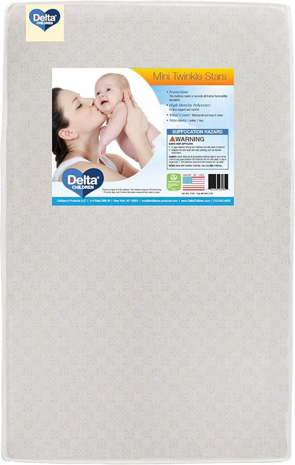 Delta Children Emery Mini Convertible Baby Crib & Twinkle Stars 3-Inch Waterproof Mini Crib Mattress, Grey