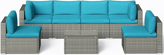 SUNVIVI OUTDOOR 7 Piece Patio Furniture Sets All Weather Grey PE Wicker Couch Sofa with Glass Table, Removable Blue Cushions
