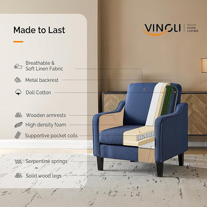 VINGLI Modern Accent Chairs Set of 2, Blue Living Room Chairs Comfy Armchair for Bedroom, Upholstered Sofa Chair Reading Chair for Small Spaces, Apartment, Waiting Room