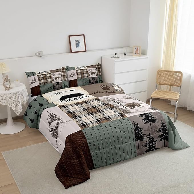 Rustic Farmhouse Kids Comforter Set Twin Size,Deer Antlers Bear Paws Plaids Patchwork Bedding Set for Boys Girls Adults Room Decor,Pine Trees Arrows Down Comforter,Xmas Duvet Insert,1 Pillowcase