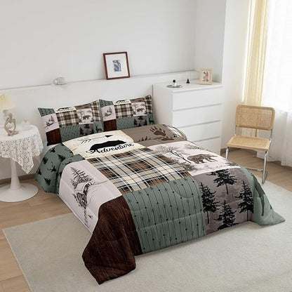 Rustic Farmhouse Kids Comforter Set Full Size,Deer Antlers Bear Paws Plaids Patchwork Bedding Set for Boys Girls Adults Room Decor,Pine Trees Arrows Down Comforter,Xmas Duvet Insert,2 Pillowcases