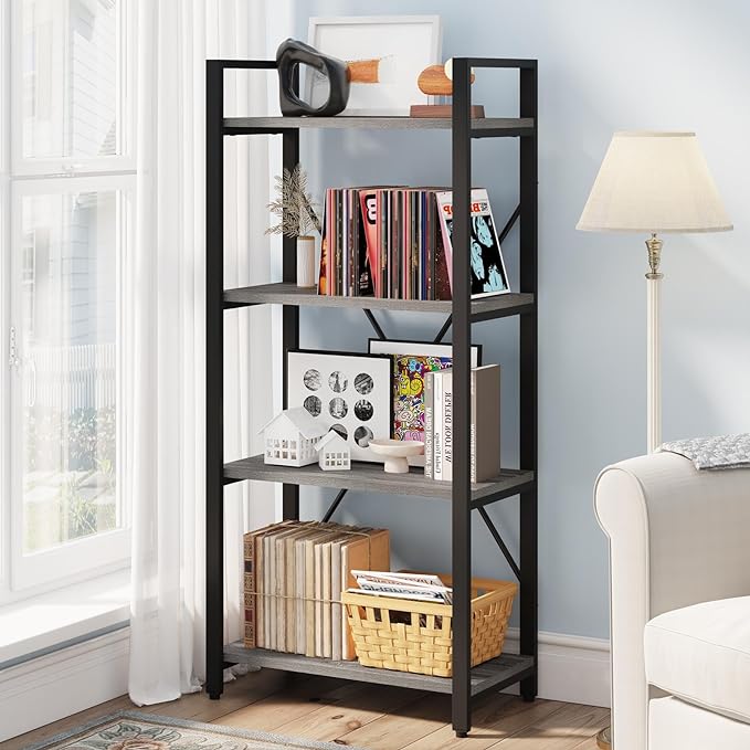 BON AUGURE Industrial 4 Tier Bookshelf, Modern Open Etagere Bookcase, Wood Metal Book Shelves for Living Room, Bedroom and Office (Dark Gray Oak)