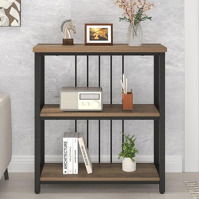 FOLUBAN Small Bookshelf and Bookcase, 3 Tier Open Book Shelf, Modern Metal and Wood Shelving Unit for Living Room Bedroom, Oak