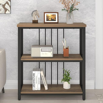 FOLUBAN Small Bookshelf and Bookcase, 3 Tier Open Book Shelf, Modern Metal and Wood Shelving Unit for Living Room Bedroom, Oak