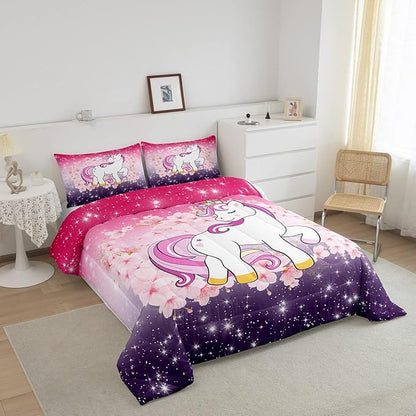 Unicorn Comforter Set Twin Glitter Bedding Set Cherry Blossoms Duvet Insert Kids Cartoon Kawaii Animal Down Comforter Ombre Galaxy Stars Fantasy Girls Room Decor Quilt Set Aesthetic Pink Purple
