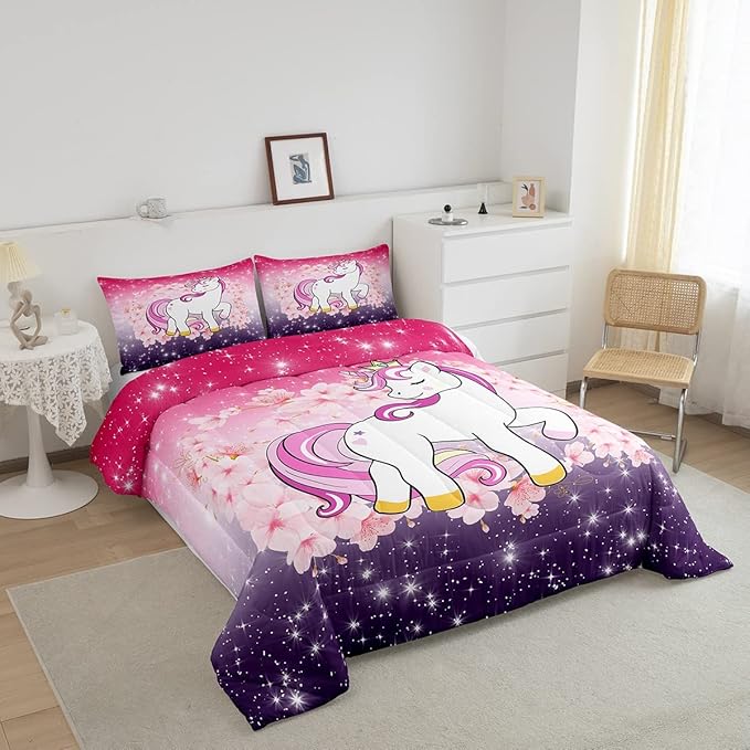 Unicorn Comforter Set Queen Glitter Bedding Set Cherry Blossoms Duvet Insert Kids Cartoon Kawaii Animal Down Comforter Ombre Galaxy Stars Fantasy Girls Room Decor Quilt Set Aesthetic Pink Purple