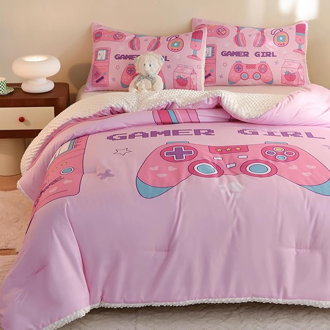 Video Game Full Size Comforter Set for Girls Kids Teens 3D Gaming Controller Pattern Gamepad Print Bedding Set- 3 Piece Pink Quilt with 2 Pillowcases (80"x90")