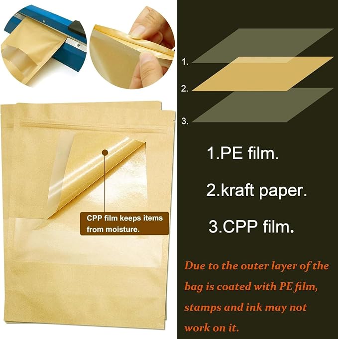 100 Pcs Kraft-Paper-Bags with Window, 5.5 x 7.9 inch Stand Up Zipper Pouches Bags, Zip Lock Food Storage Bag for Packaging Products, Reusable, Sealable