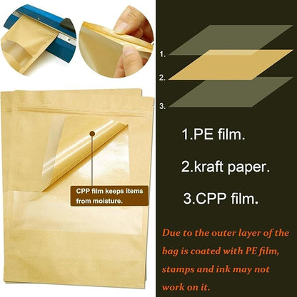 100 Pcs Kraft-Paper-Bags with Window, 7x10 inch Stand Up Zipper Pouches Bags, Zip Lock Food Storage Bag for Packaging Products, Reusable, Sealable