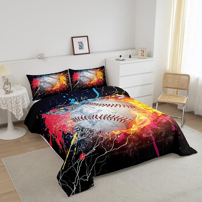 Baseball Comforter Set For Boys,Tie Dye Baseball Sports Full Bedding Set Red Blue Fire Water Lightning Duvet Insert For All Season,Sports Baseball Quilt Soft Lightweight Bedroom Decor 2 Pillow Cases