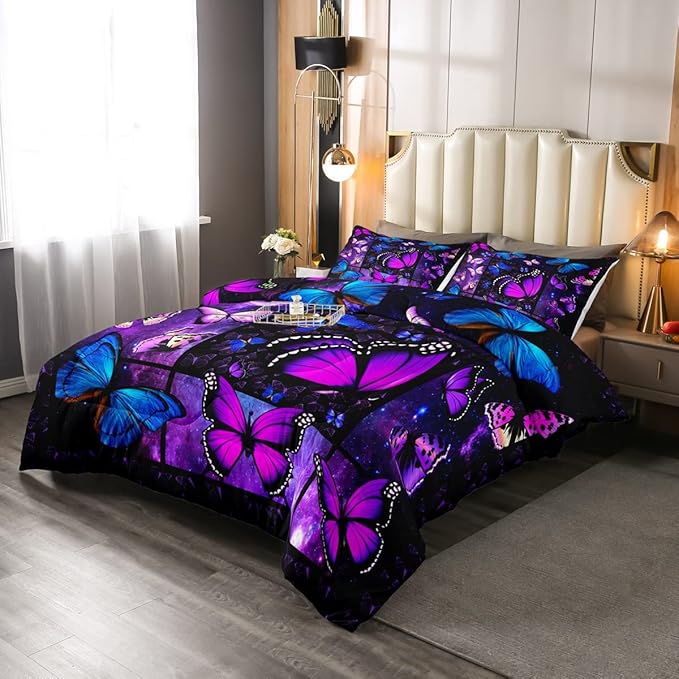Erosebridal Butterfly Comforter Set Starry Sky Galaxy Comforter Blue Purple Butterfly Bedding Sets King for Kids Girls Teens Women Bed,Aesthetics Butterflies Quilt Duvet Set 2 Pillow Cases Room Decor
