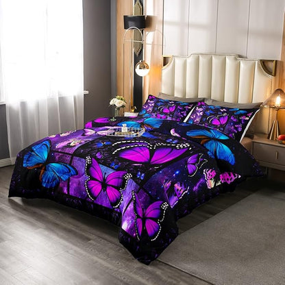 Erosebridal Butterfly Comforter Set Starry Sky Galaxy Comforter Blue Purple Butterfly Bedding Sets Full for Kids Girls Teens Women Bed,Aesthetics Butterflies Quilt Duvet Set 2 Pillow Cases Room Decor