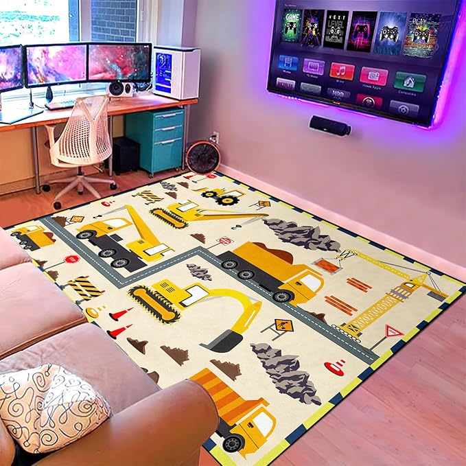 Construction Play Mat Car Rug Play Mat Construction Rugs for Boys Room Car Rug for Boys Room Construction Decor for Boys Room Playroom Rug for Livingroom 3'×4'