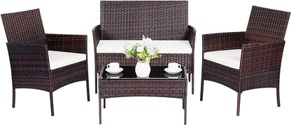 Patio Furniture Set,4 Piece Garden Conversation Set, Outdoor Wicker Rattan Table and Chairs, Black Patio Set, Sectional Sofa with Thick Cushion for Garden, Yard, or Porch (Brown/Beige)