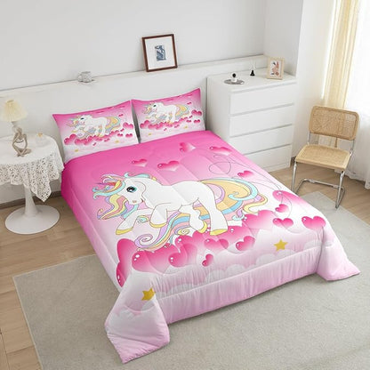 Girls Unicorn Comforter Set Queen Girly Fantasy Rainbow Unicorn Bedding Set for Kids Little Girls, Pink Love Heart Duvet Sets Dreamy Horse Cartoon Magical Animal Down Comforter with 2 Pillowcases